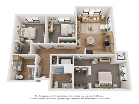 Floor plan for 3 beds, 2 baths, 1341 sqft